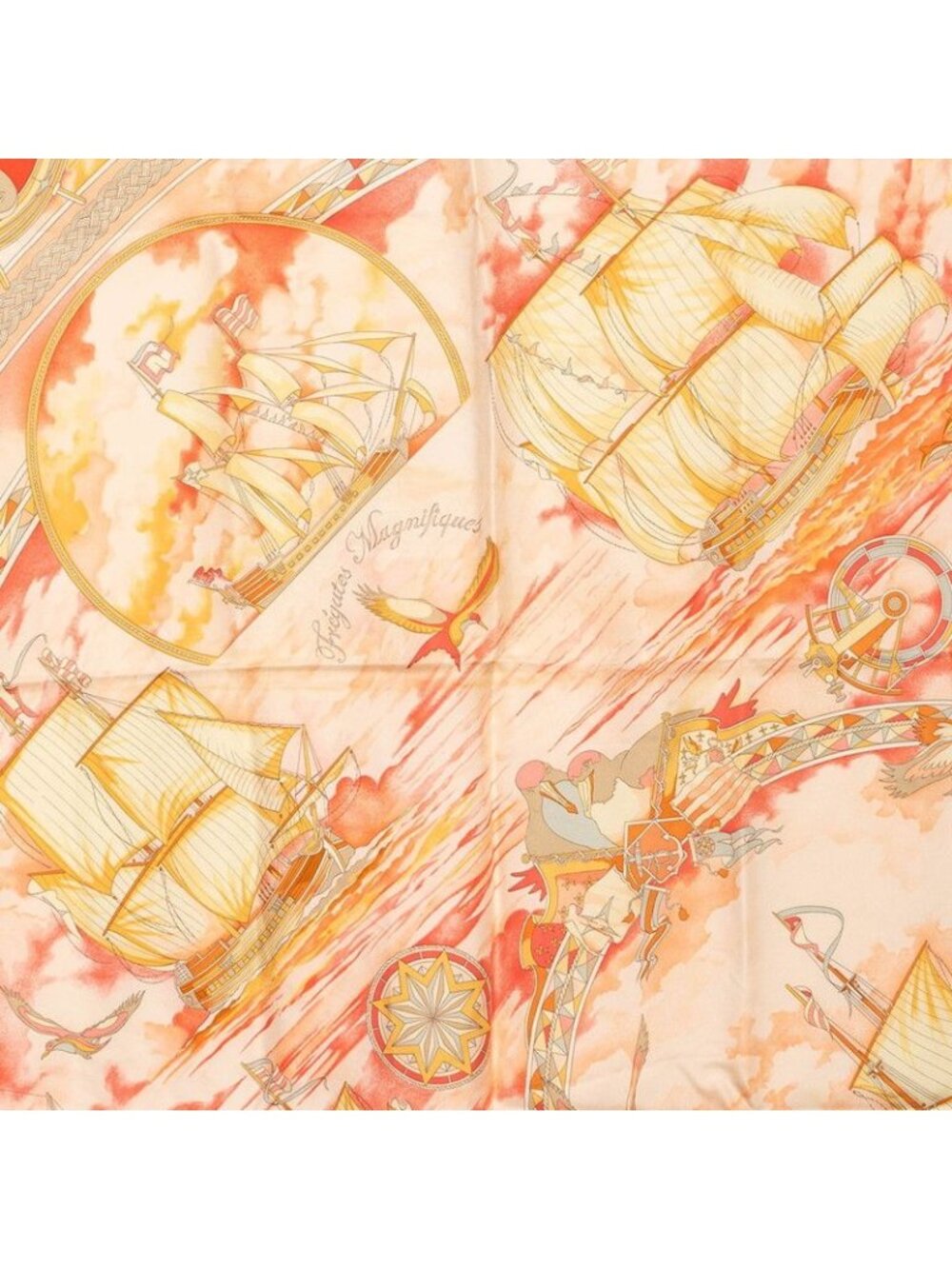 Hermes Carre 90 Magnificent Frigate Fregates Magnifiques Scarf Orange Multicolor - Picture 2 of 8